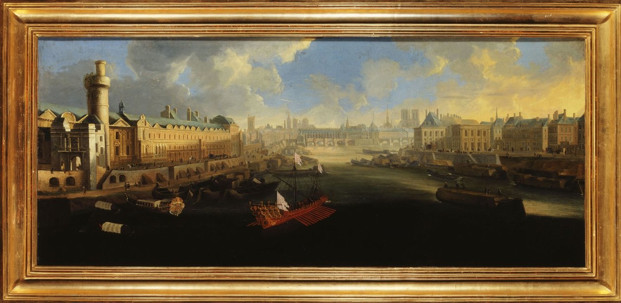 De Grande Galerie van het Louvre, met de Porte Neuve, de Pont-Neuf, de Cité, het Collège des Quatres-Nations in aanbouw en de Quai Malaquais door Unknown artist
