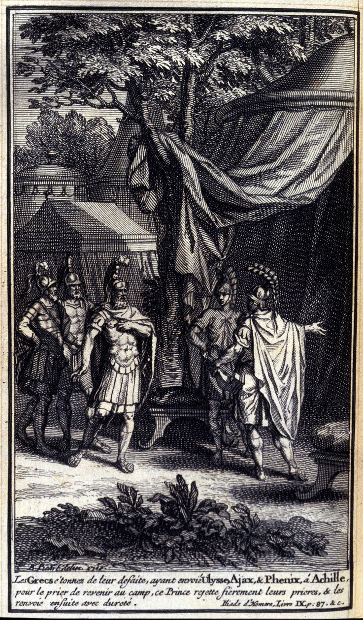 De Grieken, verbaasd over hun nederlaag, sturen Ulysses, Ajax en Phoenix naar Achilles om hem te smeken terug te keren naar het kamp. Deze prins wijst hun smeekbeden trots af en stuurt hen hard terug. Illustratie van boek IX van de Ilias van Homeros, Frans door Unknown artist