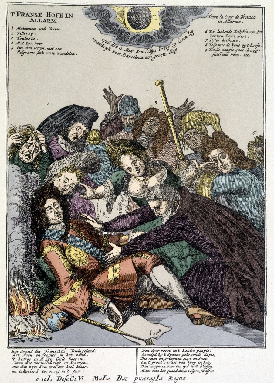 De koning viel flauw en de hovelingen omringen hem, treurend: spot op de revers van Lodewijk XIV in Nederland en Italië in 1706 door Unknown artist