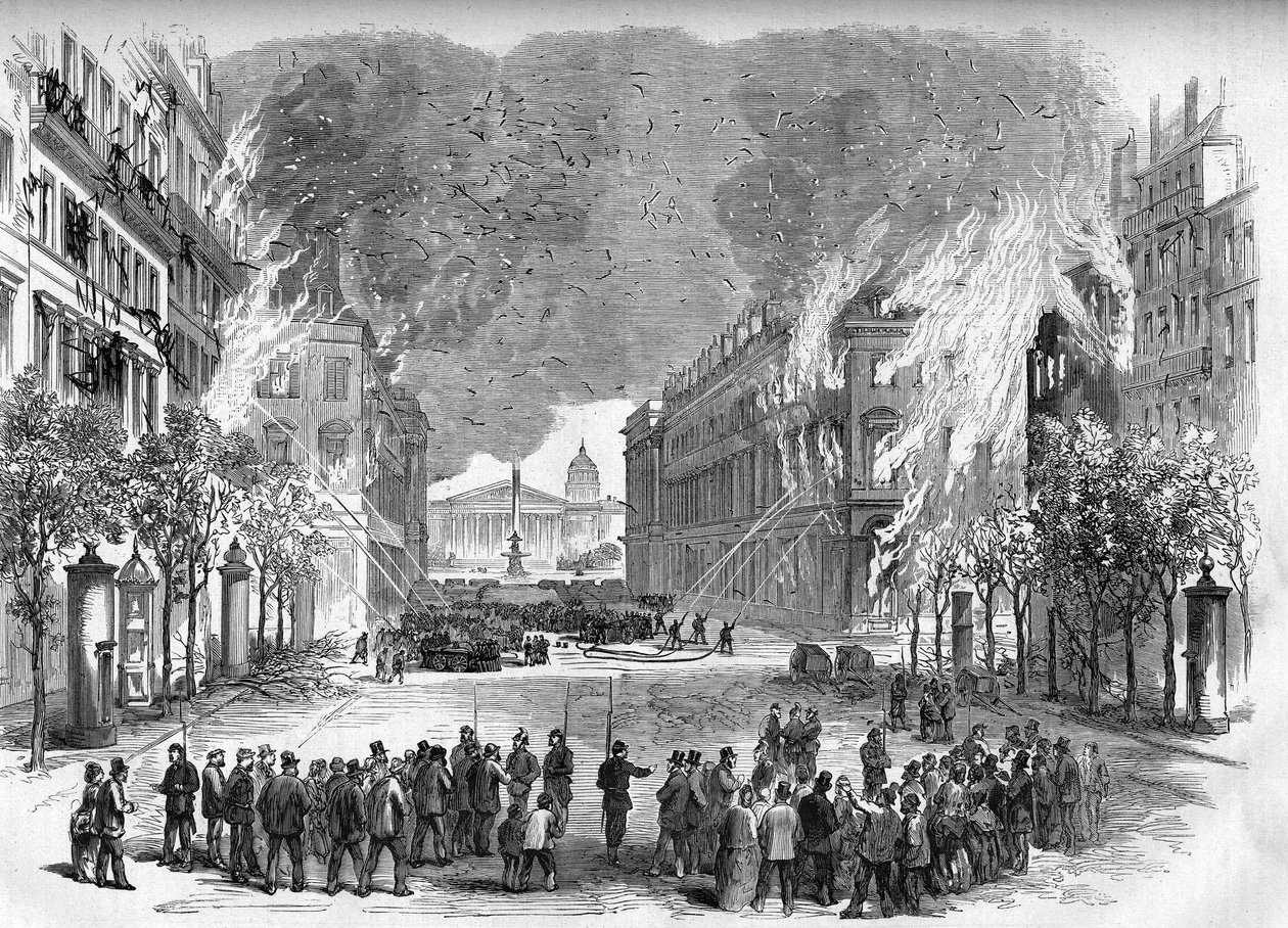 De Parijse Commune in 1871. Vuur aangestoken door de federes (communards) op Rue Royale tijdens de bloedige week (22 tot 28 mei) door Unknown artist