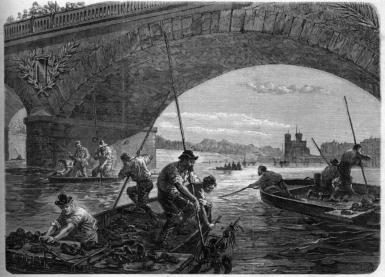 De Parijse Commune in 1871. Vissen naar wapens die door de Federes (communards) in de Seine zijn gegooid onder de Austerlitz-brug tijdens het laatste debat van de commune. door Unknown artist