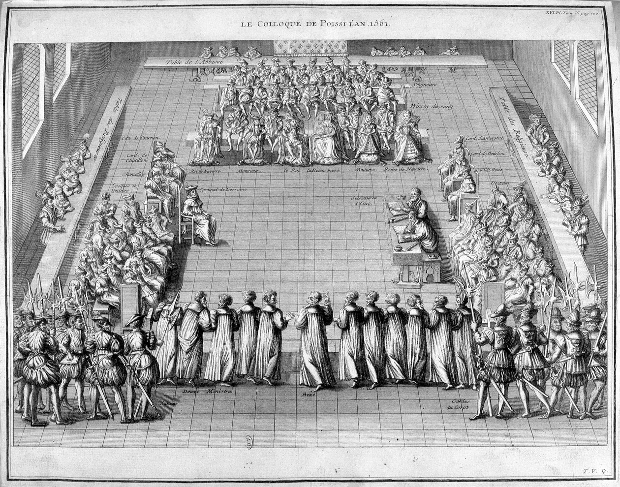 Het Poissi Colloquium (Poissy) in 1561. In het midden de koning van Frankrijk Karel IX en koningin-moeder Catharina de