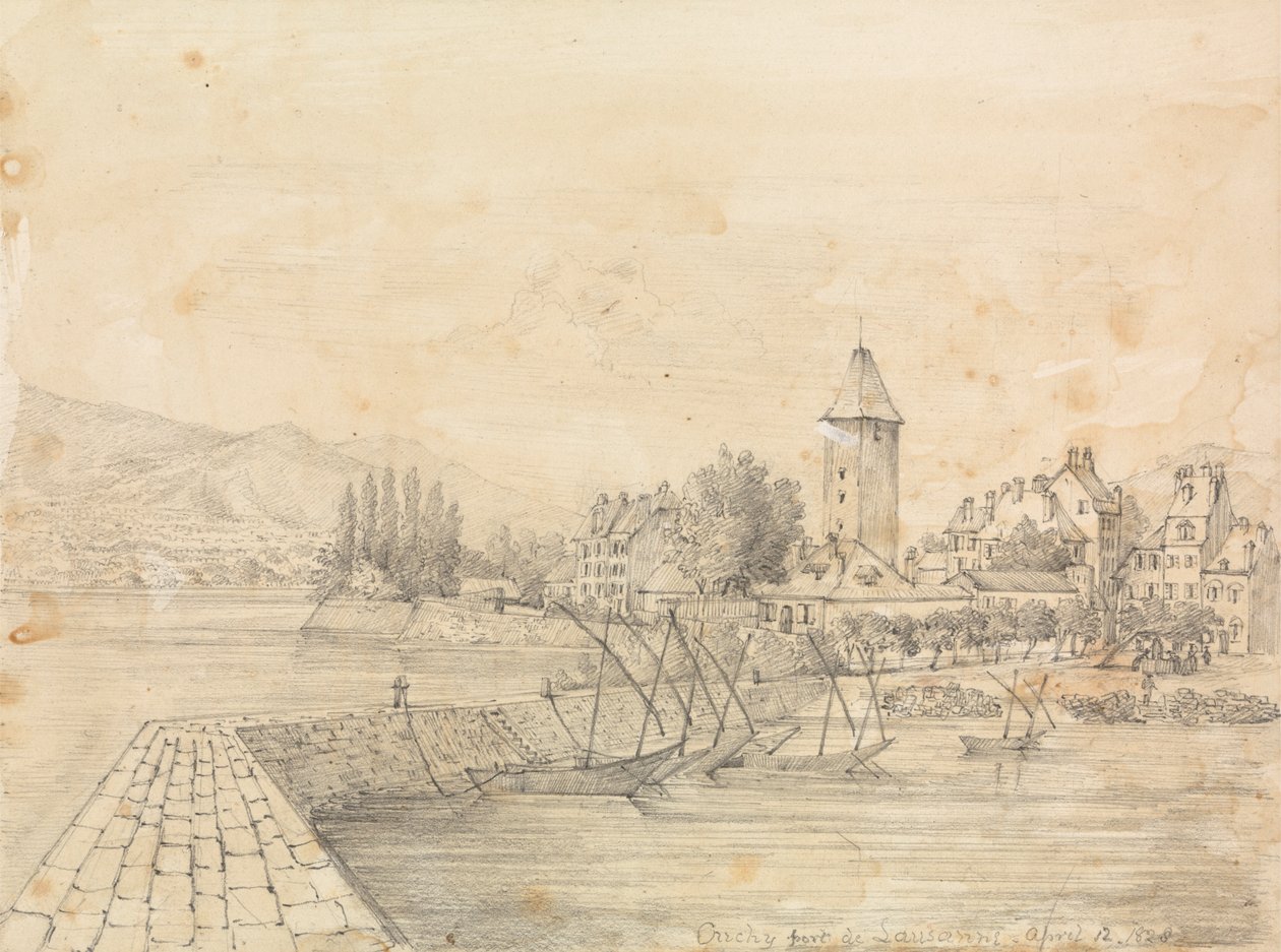 De Haven van Ouchy; grafietstudie van twee vrouwen met mutsen door Unknown artist