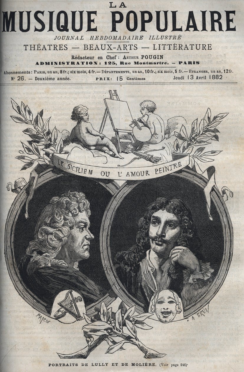 De Siciliaan of Liefdesschilder - Portret van Jean Baptiste Lully (Giovanni Battista Lulli) (1632-1687) en Molière - gravure in 