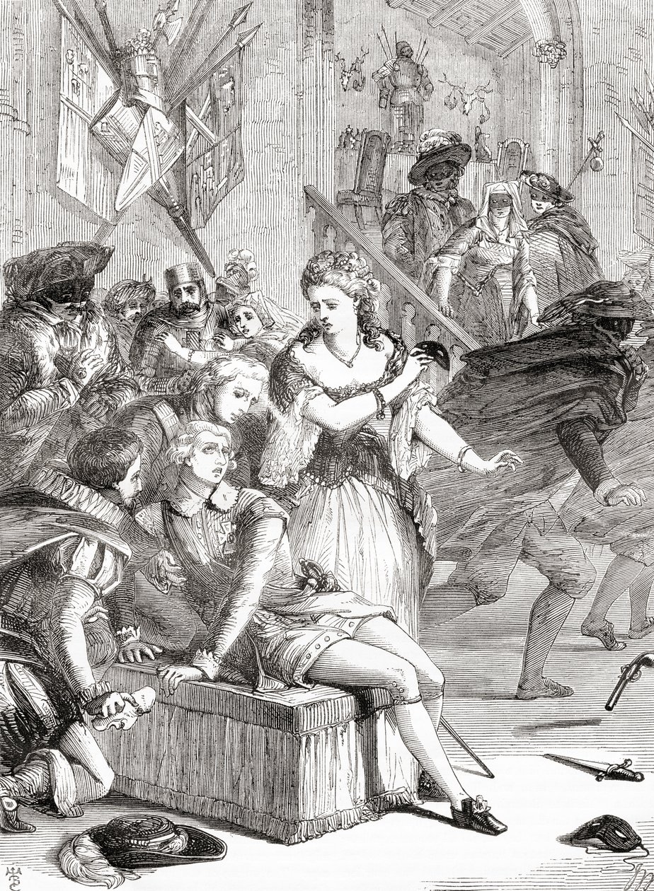 De moord op Gustavus III door Jackob Johan Anckarström op een gemaskerd bal, Stockholm, Zweden,1792 (gravure) door Unknown artist