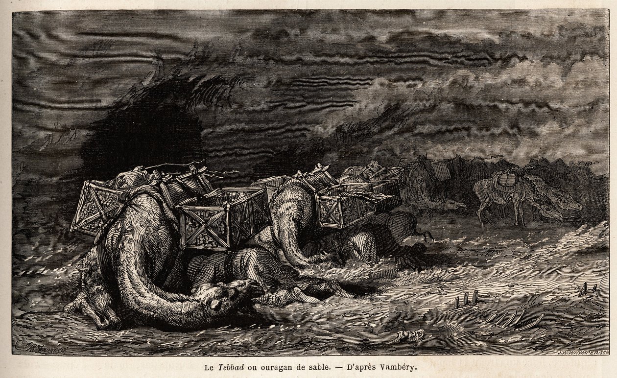 De kameelkaravaan gevangen in een zandstorm genaamd tebbad. Tekening door Emile Bayard (1837-1891), ter illustratie van de reis naar Centraal-Azië, in 1863, door Arminius Vambery (Hongaarse wetenschapper vermomd als derwisj). Gravure in 