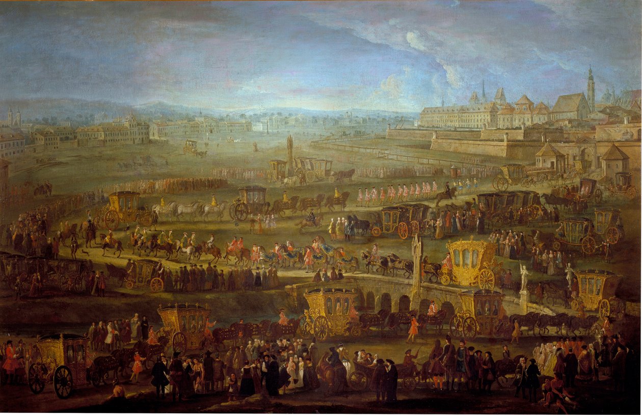 De stoet van de Markies van Mirepoix met de Franse diplomatieke vertegenwoordigers in Wenen op 12 oktober 1738 door Unknown artist