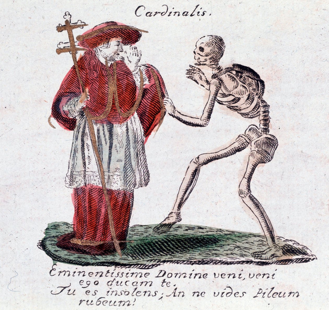 De dans van de dood, de kardinaal en een skelet (Prent) door Unknown artist