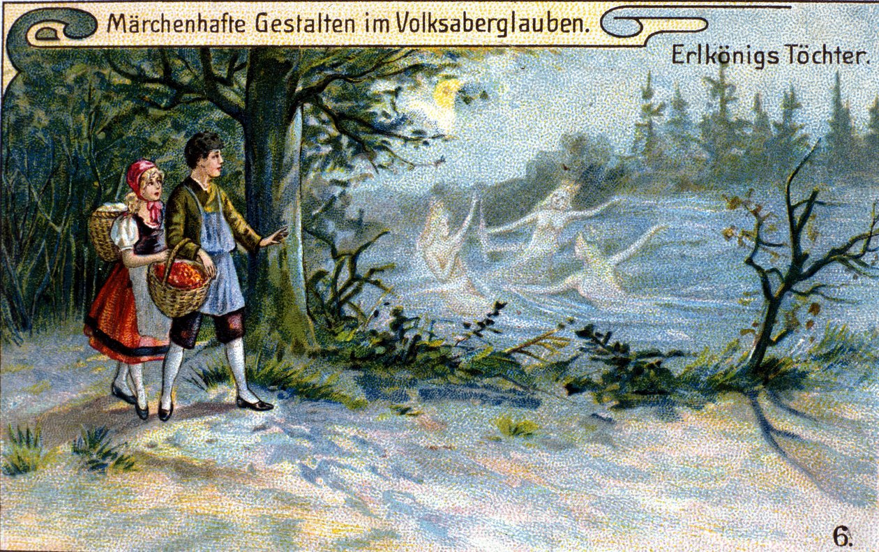 De dochters van de elfenkoning. Wonderbaarlijk personage uit de Duitse mythologie. Chromolithografie uit de 19e eeuw door Unknown artist