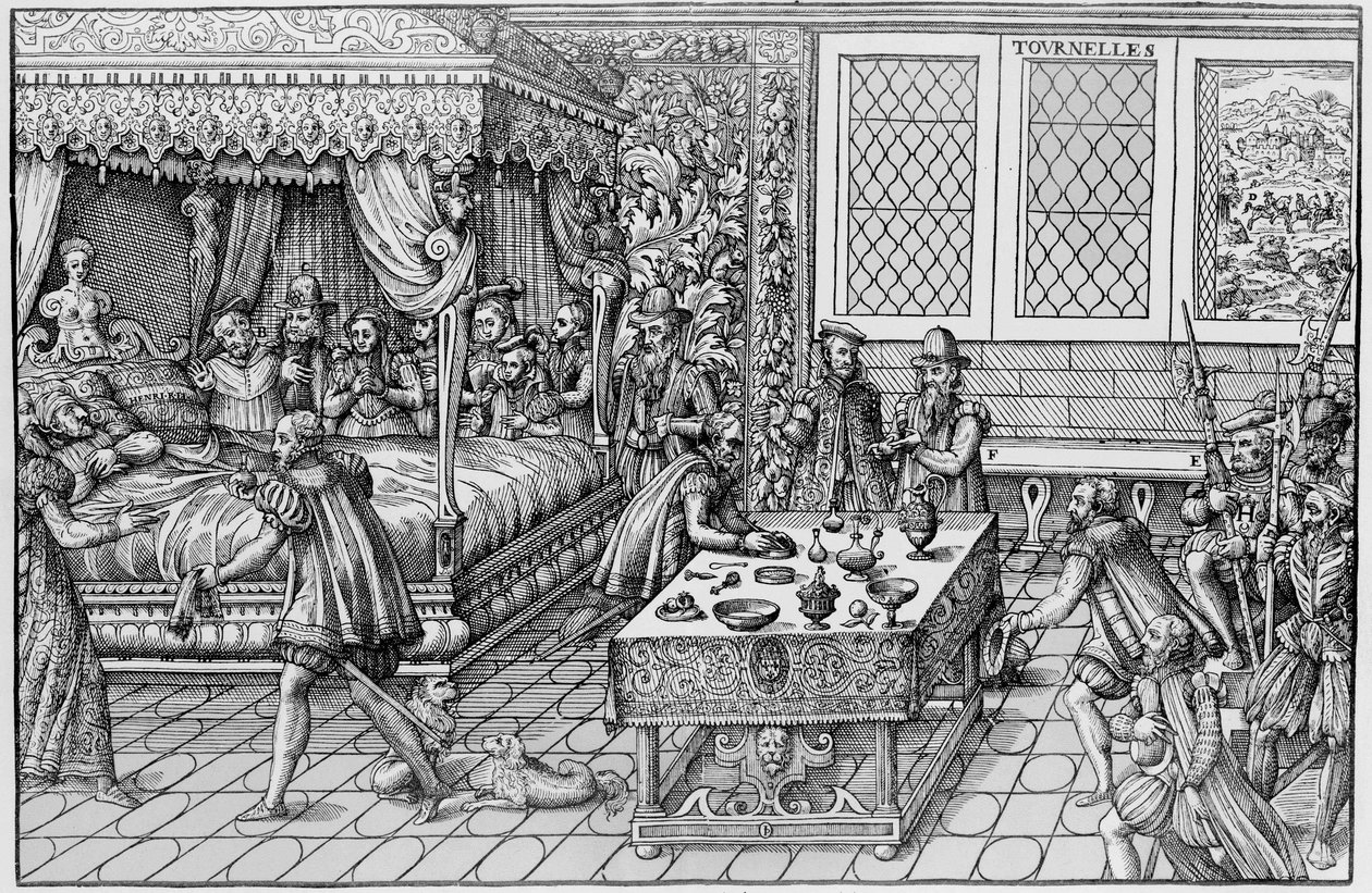 De dood van Hendrik II (1519-1559), koning van Frankrijk, in het Palais des Tournelles in Parijs, 30 juni door Unknown artist