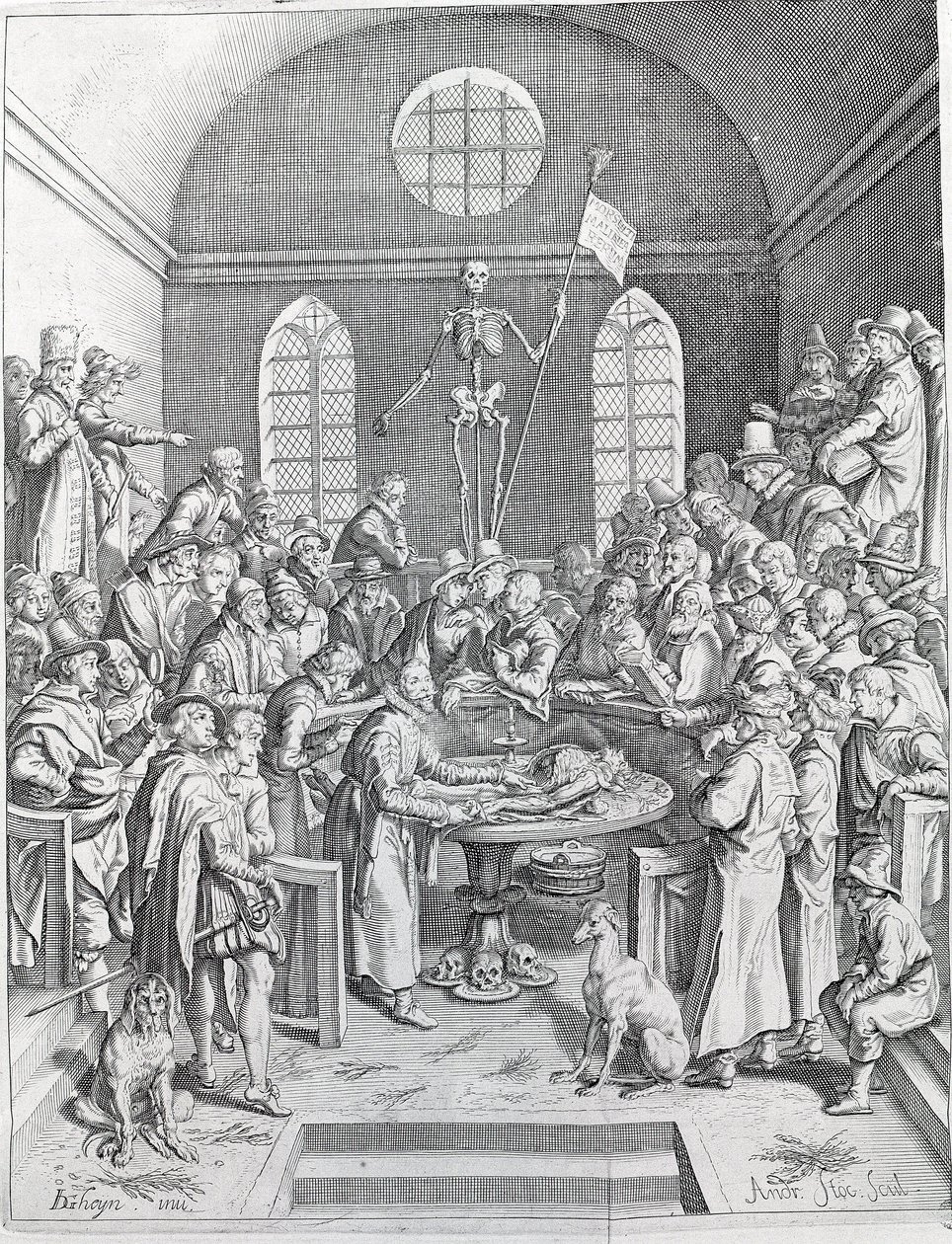 De dissectie Groep van artsen en wetenschappers verzameld om een dissectie te volgen in een amfitheater. Gravure uit 1788 door Unknown artist