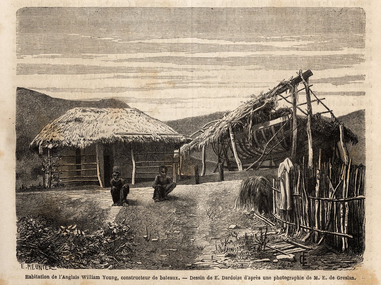 De woning en scheepswerf van een Engelse bouwer nabij Noumea, die inheemse arbeid gebruikt of hen veroordeelt tot het einde van hun zware werk. Gravure ter illustratie van de reis naar Nieuw-Caledonië, door Jules Garnier, civiel ingenieur van mijnen, in 18 door Unknown artist