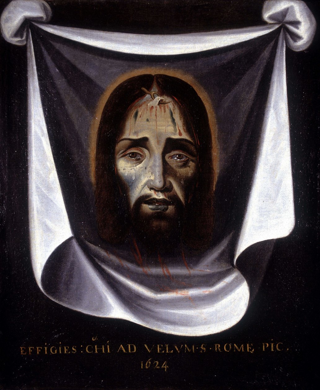 De beeltenis van Christus geschilderd van het doek bewaard in de kerk van St. Sylvestre in Rome door Unknown artist