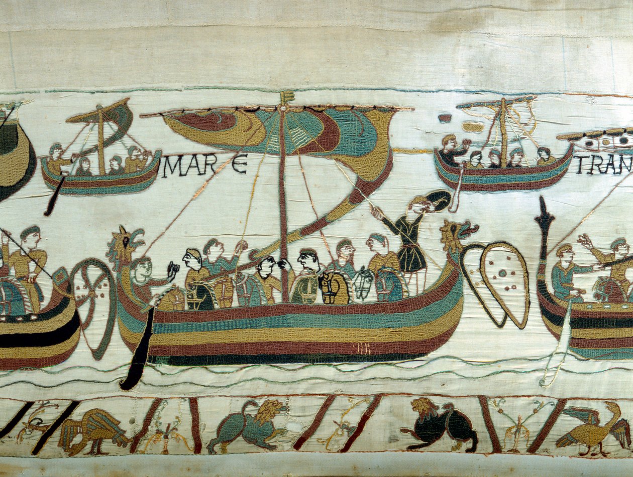 De vloot van Willem I de Veroveraar (1027-1087) steekt het Kanaal over naar Engeland. Tapijt van Bayeux of Borduurwerk door koningin Mathilde door Unknown artist