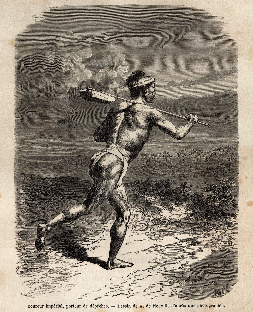De keizerlijke koerier, die de depêches van de Mikado draagt. Gravure ter illustratie van de reis naar Japan, in 1863-1864, door Aime Humbert, minister van de Zwitserse Confederatie, in 