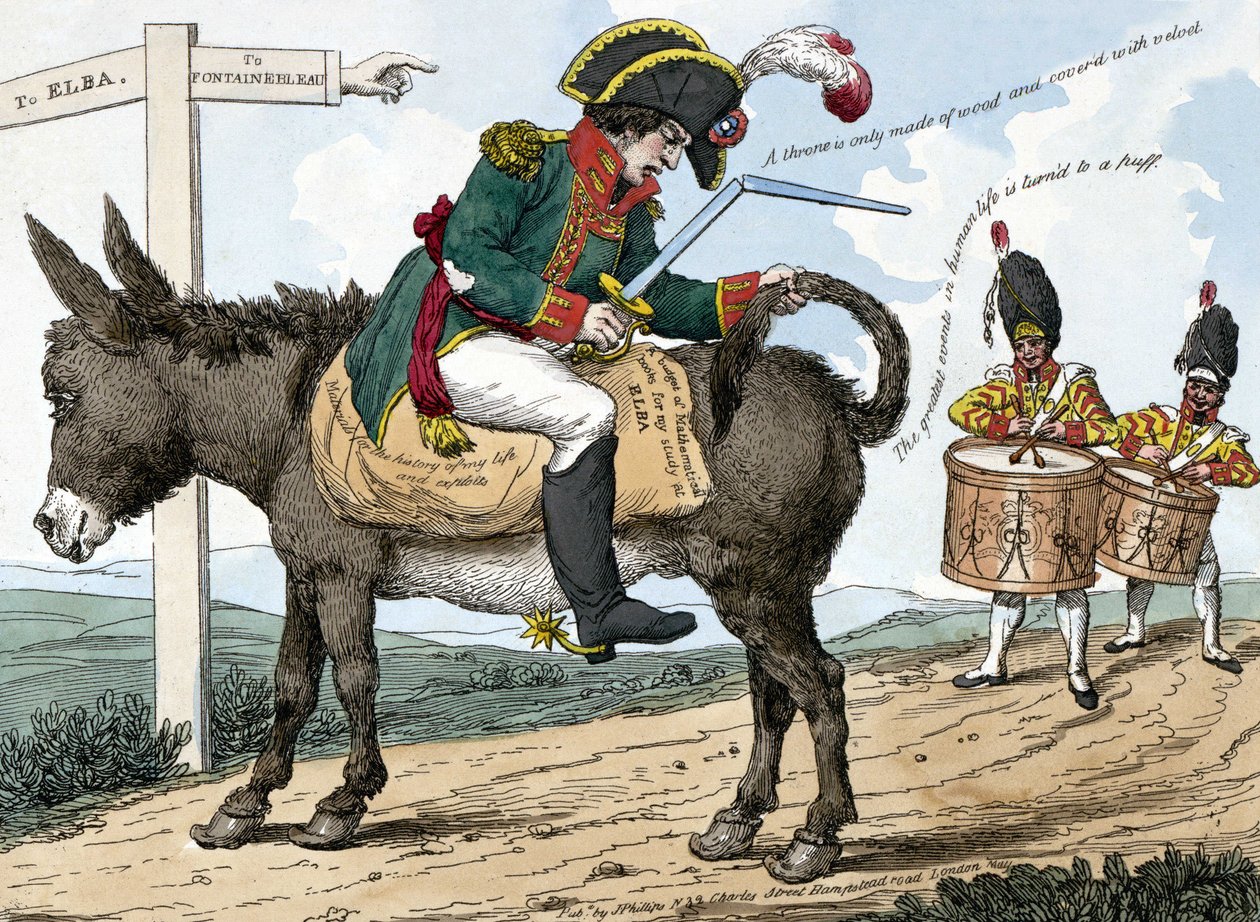 De reis van een moderne held naar het eiland Elba. Deze cartoon toont Napoleon Bonaparte zittend op een ezel op de weg van Fontainebleau naar het eiland Elba; hij houdt een gebroken zwaard in één hand. door Unknown artist