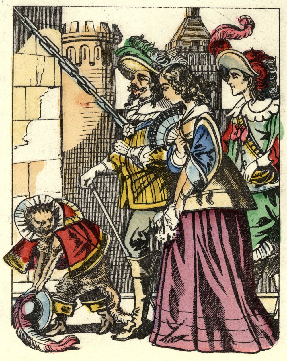De koning, de prinses en de Markies van Carabas arriveren bij het kasteel van de reus, voorafgegaan door de gelaarsde kat. Illustratie van het sprookje 