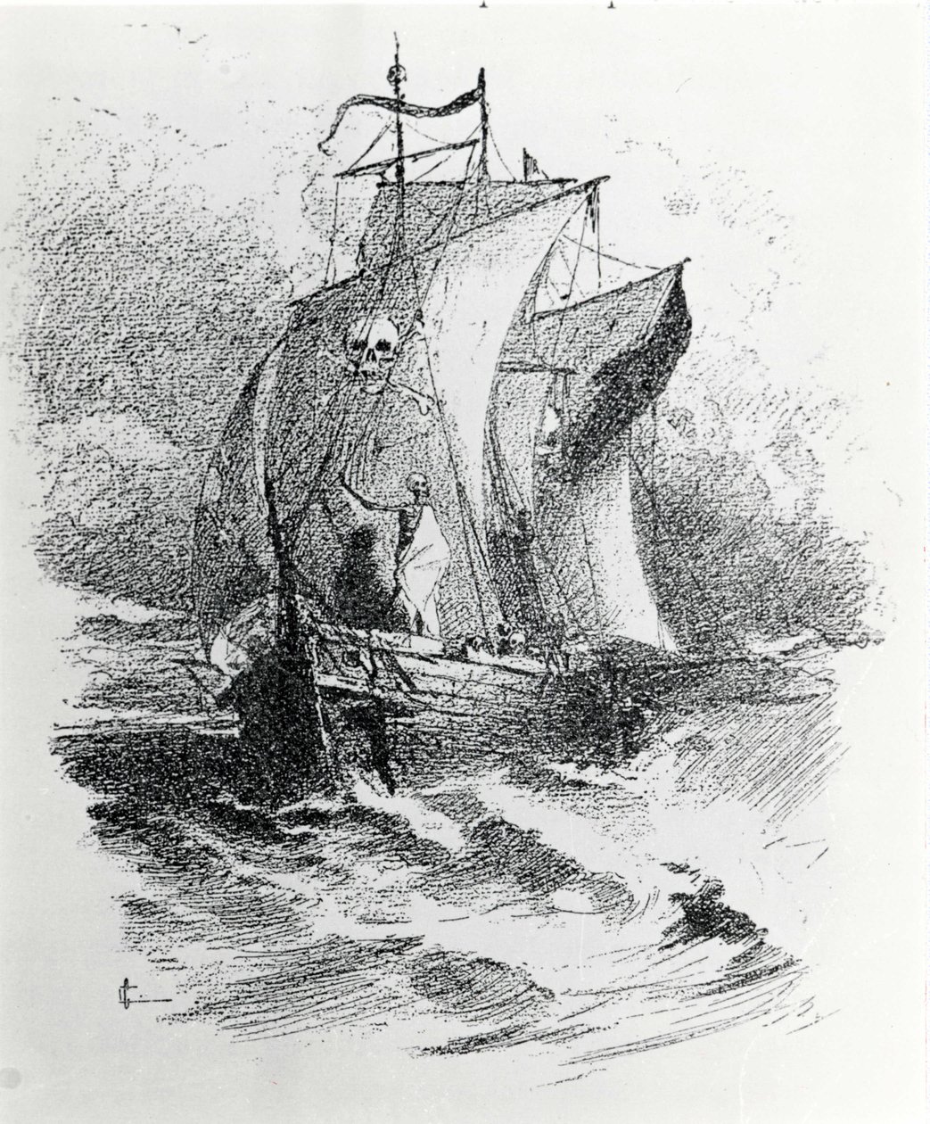 De legende van het Spookschip of de Vliegende Hollander: een Nederlandse commandant die het lot wilde tarten zou veroordeeld zijn om voor altijd op zijn schip rond te dwalen en ongeluk te brengen aan de schepen die zijn pad kruisen. Gravure uit de 19e eeuw door Unknown artist