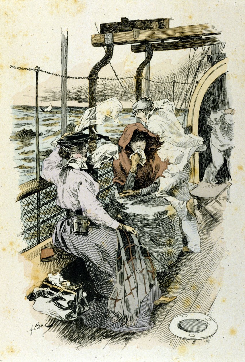 Het leven van passagiers aan boord: een jonge vrouw heeft last van zeeziekte. door Unknown artist
