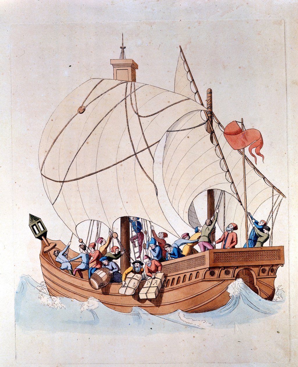 Het laden van een 13e-eeuwse karveel op zee door Unknown artist