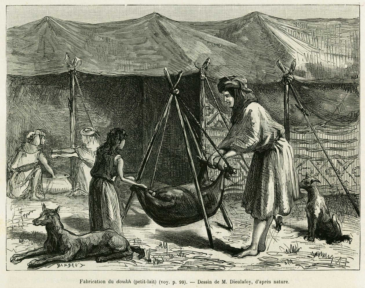De melkproductie door de vrouwen van herders in de Karoun-regio. Gravure ter illustratie van het verhaal 