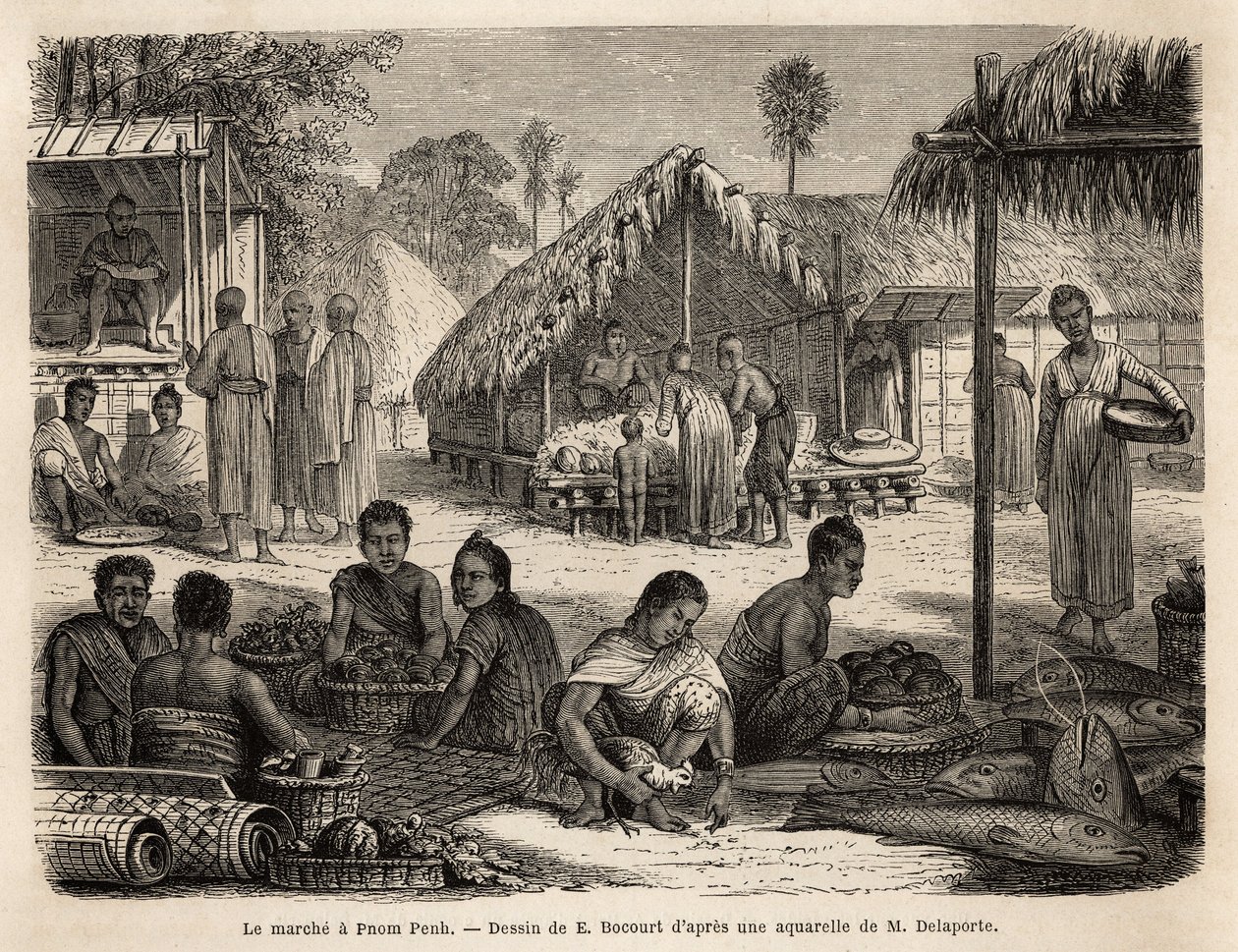 De markt in Phnom Penh, waar Maleisische winkeliers en Chinese handelaren een breed scala aan consumenten- en fabricageproducten aanbieden. Gravure ter illustratie van de ontdekkingsreis in Indochina, door Francis Garnier, luitenant de Vaissseau, in 1866-1 door Unknown artist
