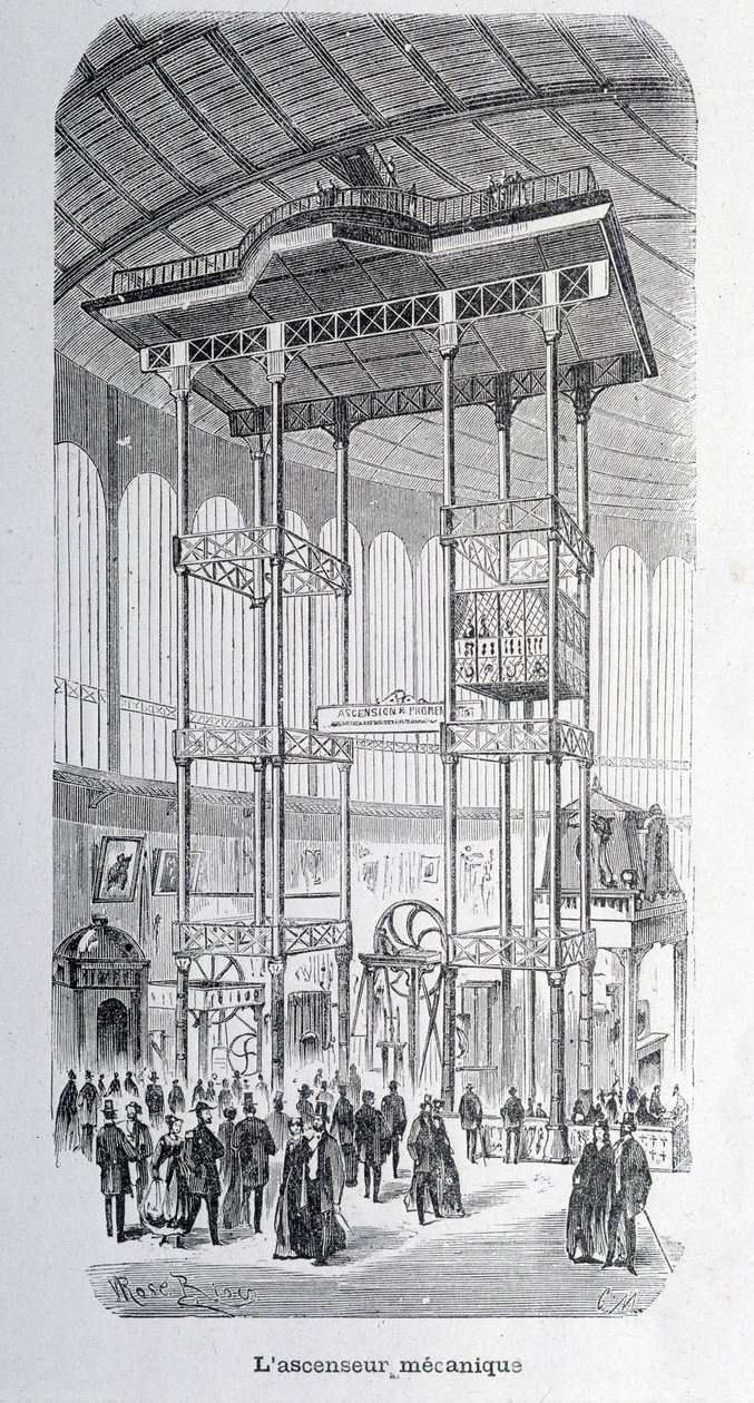 De mechanische lift van ingenieur Edoux op de wereldtentoonstelling van 1867 - gravure door Unknown artist