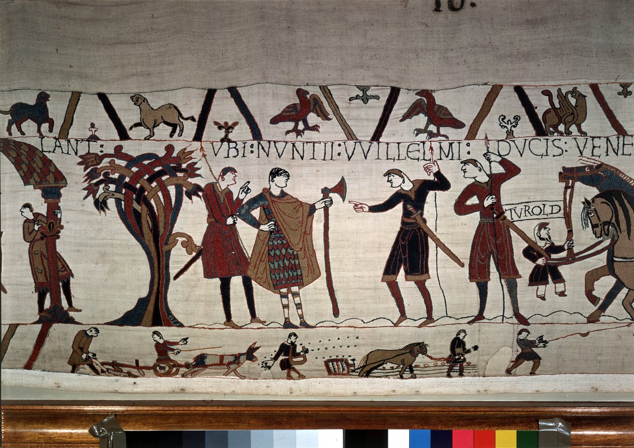 De boodschappers van Hertog Guillaume (1027 - 1087) komen Guy de Ponthieu opzoeken - Bayeux-tapijt, bekend als Borduurwerk van Koningin Mathilde door Unknown artist