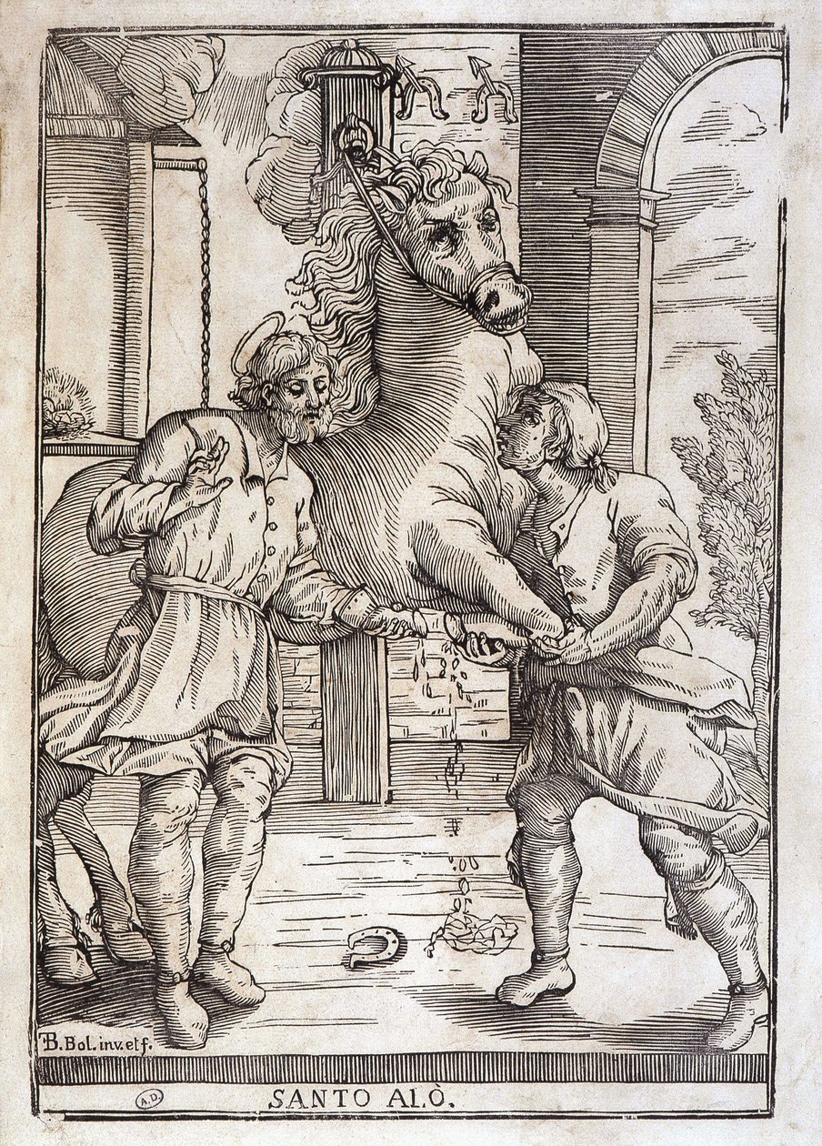 Het wonder van Sint Eloi (genezing van een geamputeerd paard) - gravure door Unknown artist