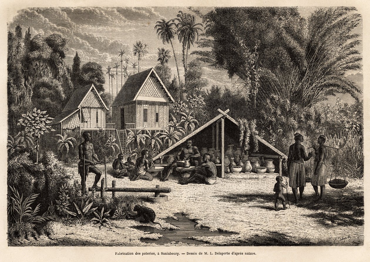 De productie van aardewerk in Saniaboury (Laos). Gravure ter illustratie van de ontdekkingsreis in Indochina, door Francis Garnier, luitenant de Vaissseau, in 1866-1868, gepubliceerd in 