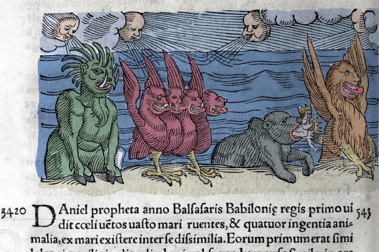 De profeet Daniël ziet monsters verschijnen: Haniel, Kafziel, Azriel, Aniel. Gravure uit 