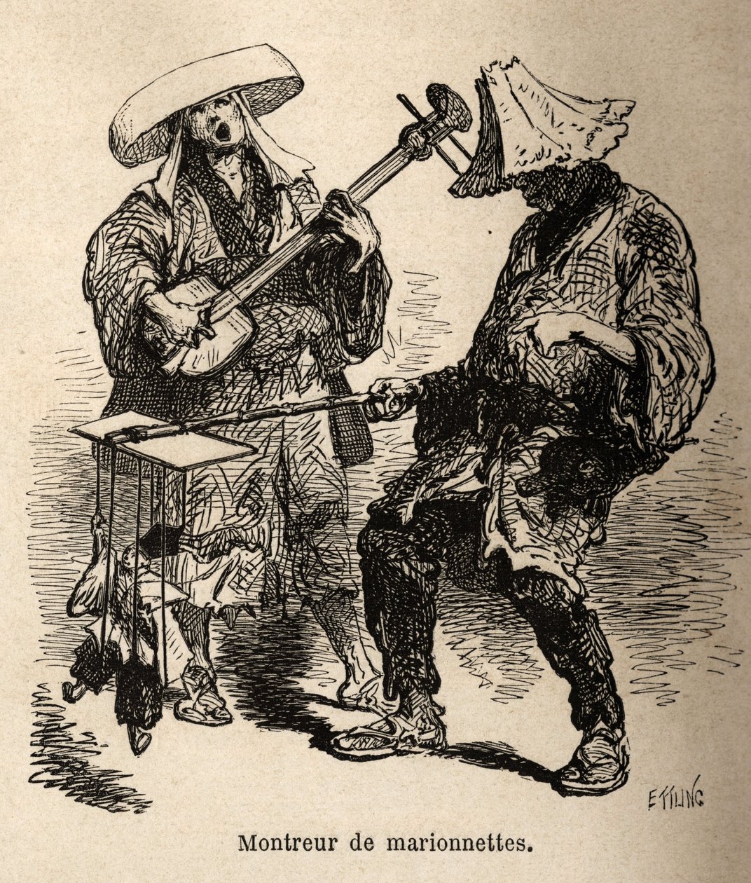De poppenshow en de muzikant die hem begeleidt voor straatentertainment. Gravure ter illustratie van de reis naar Japan, door Aime Humbert, minister van de Zwitserse Confederatie, in 1863-1864, gepubliceerd in 