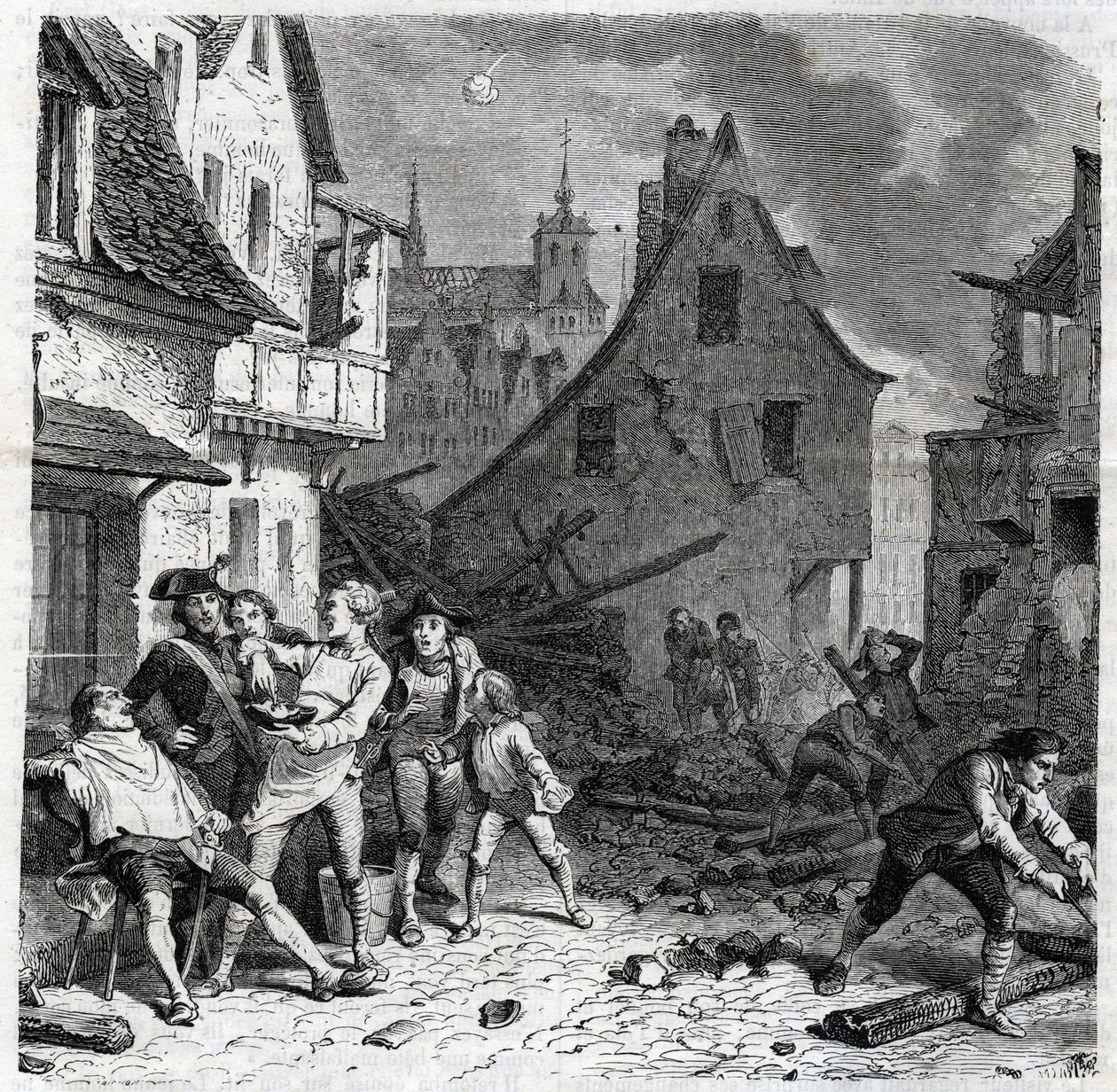 De scheerkom van Lille. Een episode uit het Beleg van Lille in 1792 tijdens de Franse Revolutionaire Oorlogen - Le siège de Lille en octobre 1792 - Révolution française - Bombardement door Oostenrijkers en Pruisen - Barbier gebruikt een halve bom als schee door Unknown artist