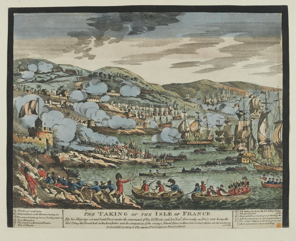 De inname van het eiland Frankrijk (Mauritius), 2 december 1810 (houtsnede, gekleurd) door Unknown artist