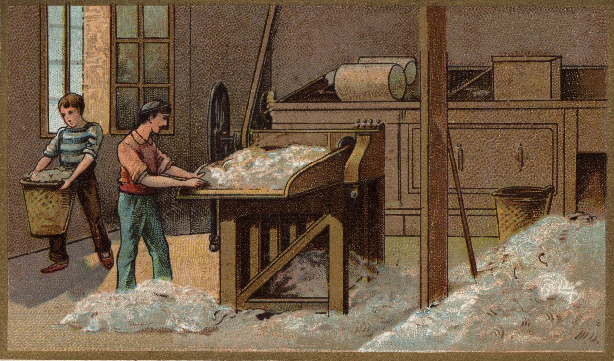 De wolindustrie: dorsen. Chromolithografie uit het einde van de 19e eeuw door Unknown artist