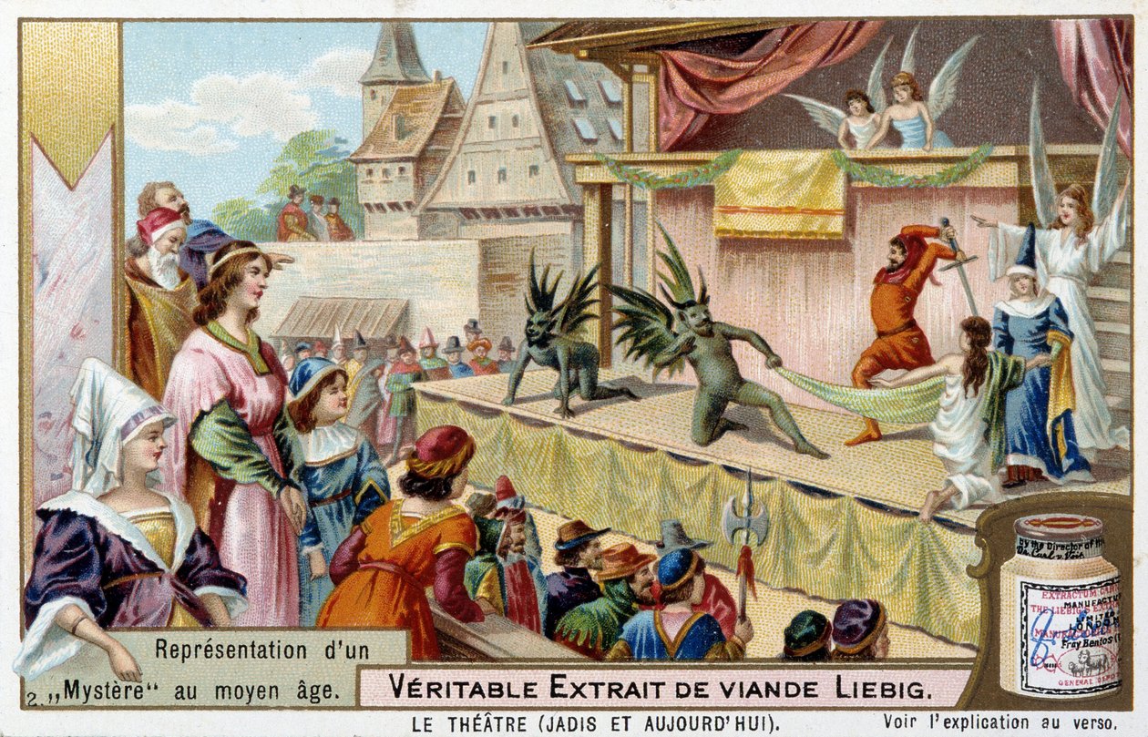 Theater: voorstelling van een mysterie in de Middeleeuwen - Liebig chromolithografie door Unknown artist