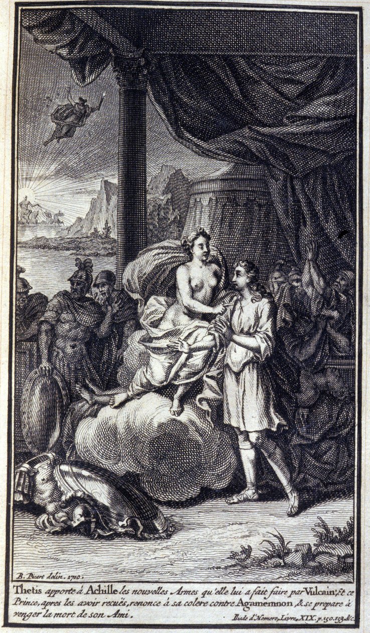 Thetis brengt Achilles de nieuwe wapens die zij door Vulcanus voor hem heeft laten maken; en deze prins, nadat hij ze heeft ontvangen, doet afstand van zijn woede tegen Agamemnon en bereidt zich voor om de dood van zijn vriend te wreken. Illustratie van bo door Unknown artist