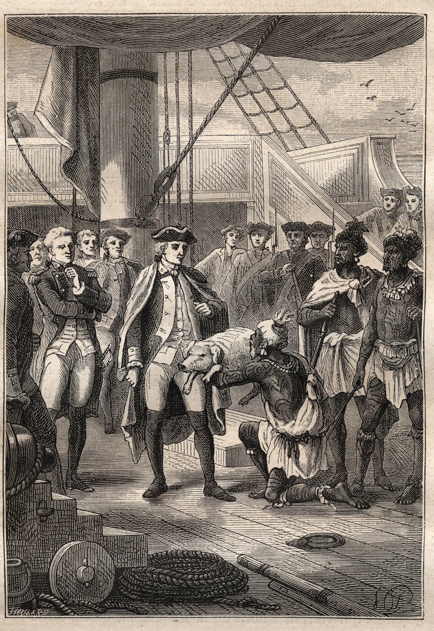 Derde reis (1776-1779) door Kapitein James Cook (1728-1779): Priester Koah biedt een klein varken aan Cook aan boord van het schip Resolution (Hawaï) - illustratie uit 