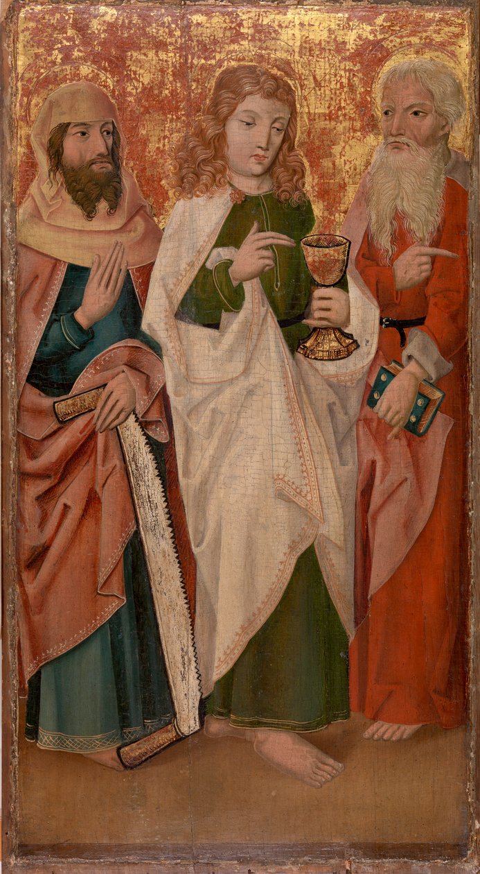 Drie apostelen met kruis, kelk en boek door Unknown artist