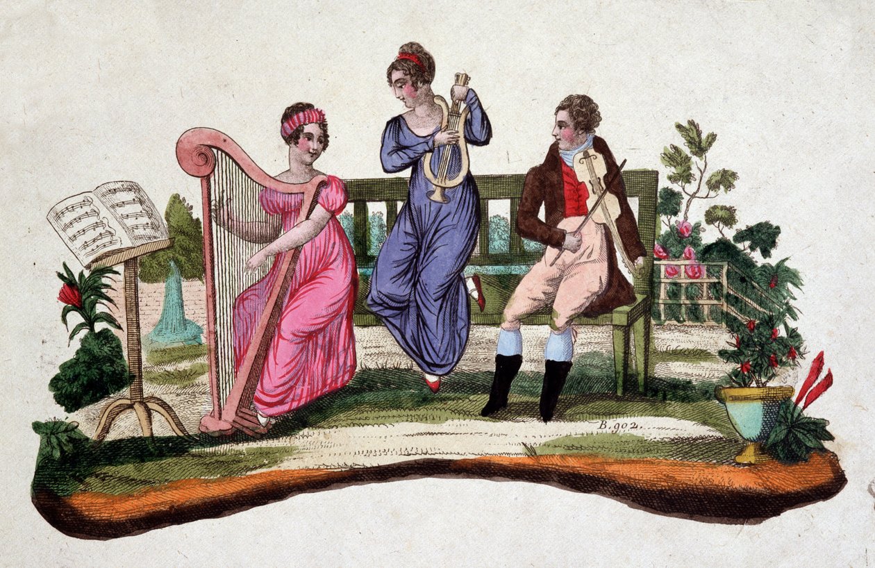 Drie mensen die muziekinstrumenten bespelen in een tuin: harp, lier, altviool. Ets uit de 18e eeuw. door Unknown artist
