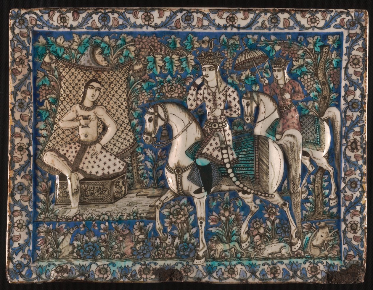 Tegel met afbeelding van Khusrau die Shirin ziet baden door Unknown artist