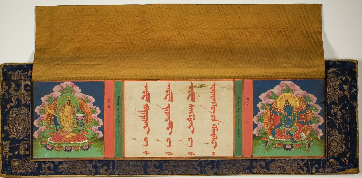 Titelpagina en omslag van een boeddhistisch manuscript met Manjusri (links) en Mantramanudharani, een Pancharaksha godin (rechts) door Unknown artist
