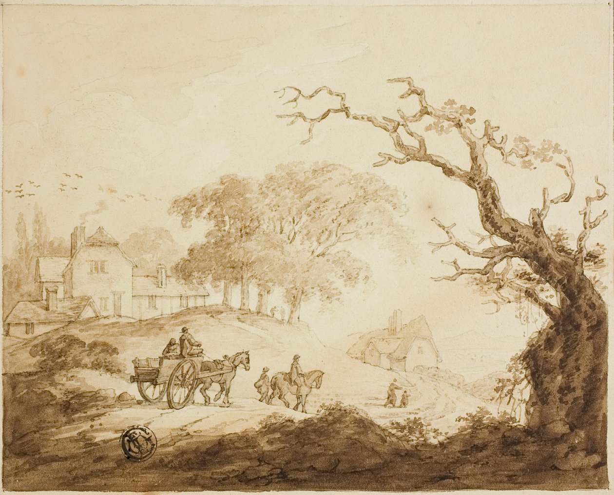 Reizigers met paarden en kar op een weg langs huizen door Unknown artist