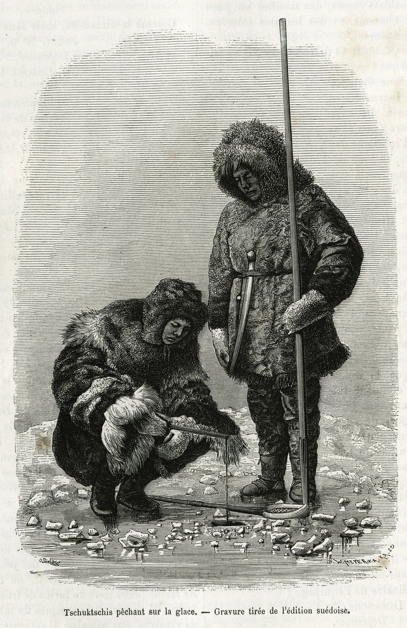 Tschuktschis vissen op ijs in Koljutschin Bay (poolcirkel). Gravure uit de Zweedse editie, ter illustratie van het verhaal 