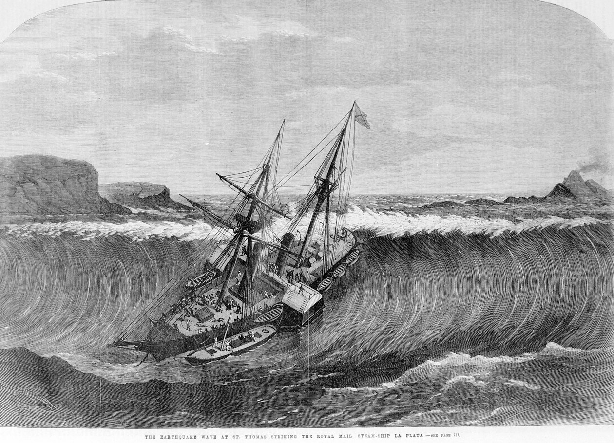 Tsunami 1867. De aardbeving in Saint Thomas veroorzaakte de grote golven die de lijnboot 