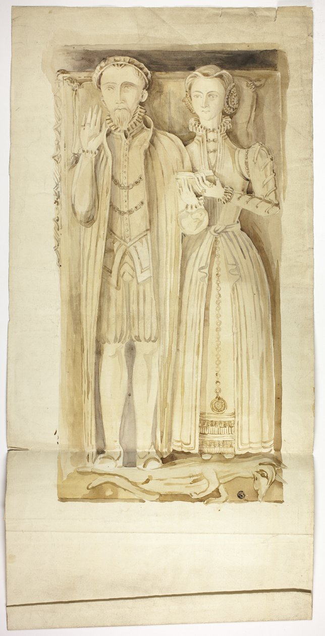 Tudor grafplaat met beeltenissen van man en vrouw door Unknown artist