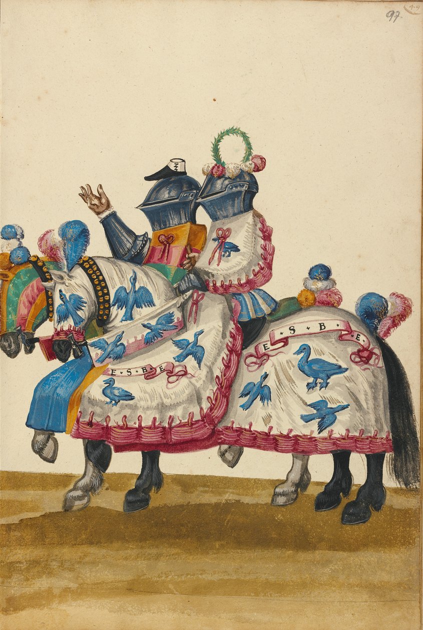 Twee mannen in harnas voor een toernooiwedstrijd door Unknown artist