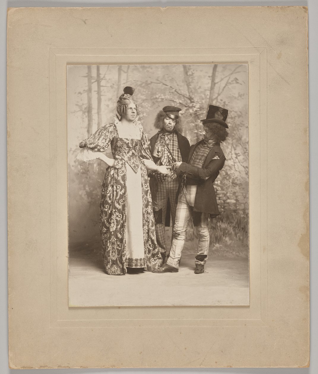 Zonder titel (theatrale scène met 3 figuren: de handlezer) door Unknown artist