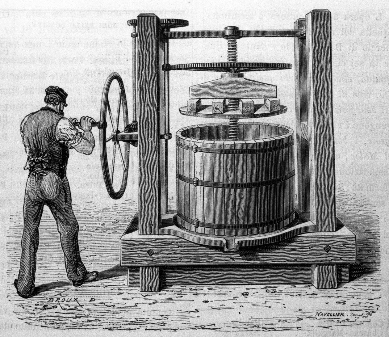 Gebruik van de pers om druivenmost te verkrijgen in Medoc en Cognac. Gravure uit het einde van de 19e eeuw door Unknown artist