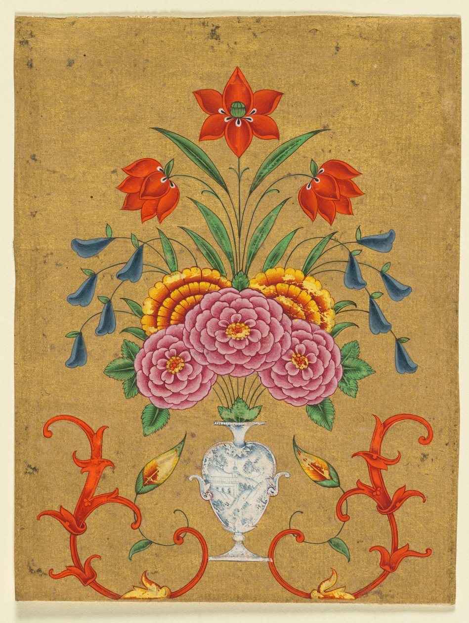 Vaas met bloemstuk en krulwerk door Unknown artist